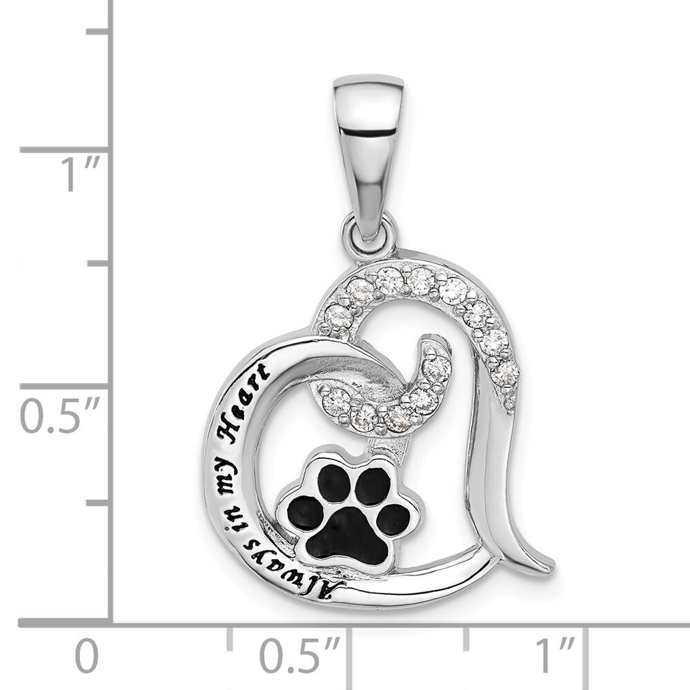Sterling Silver Rh-plated Enamel Cubic Zirconia Paw ALWAYS IN MY HEART Pendant