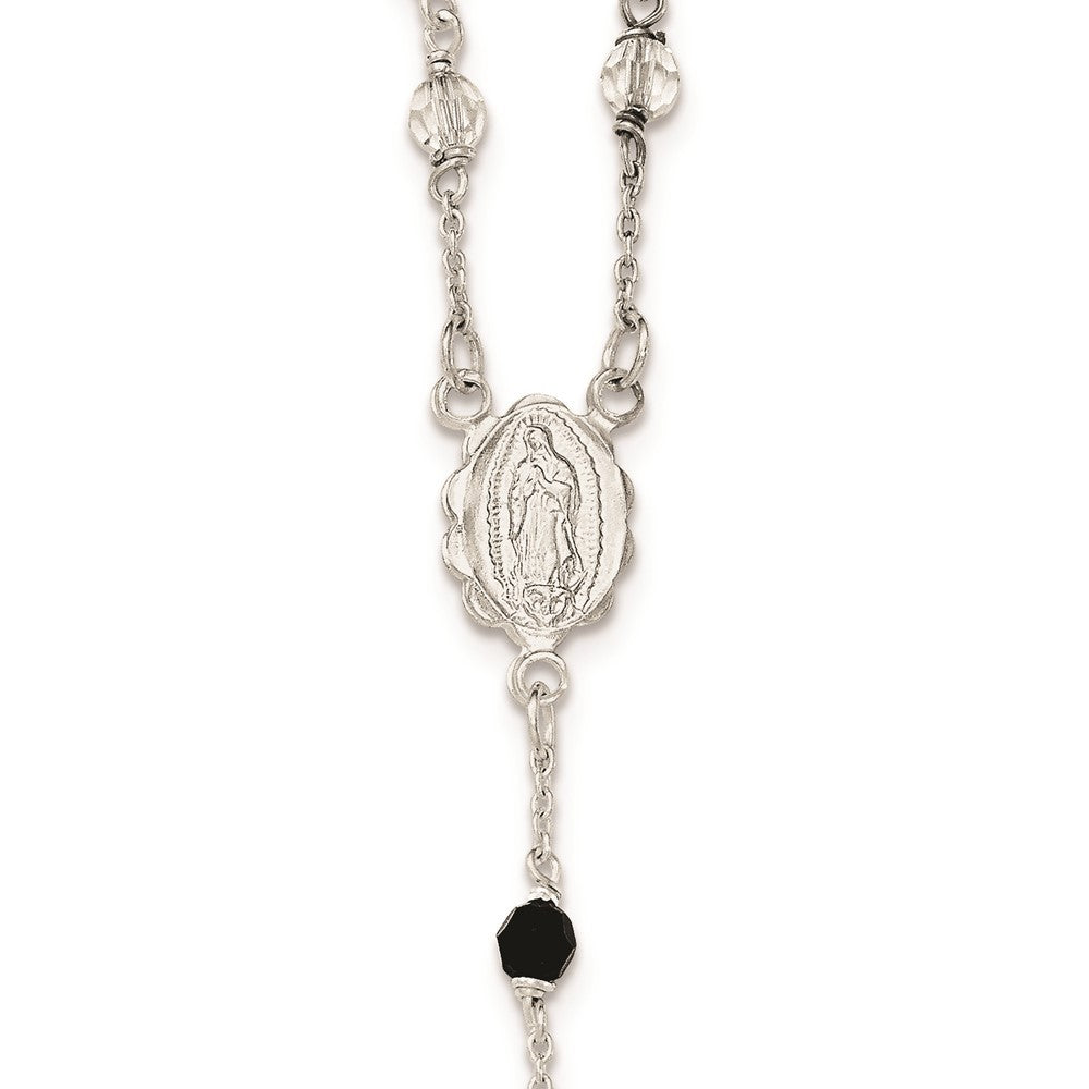 Sterling Silver Polished and Black Crystal Bead Rosary 23.5 inch Necklace
