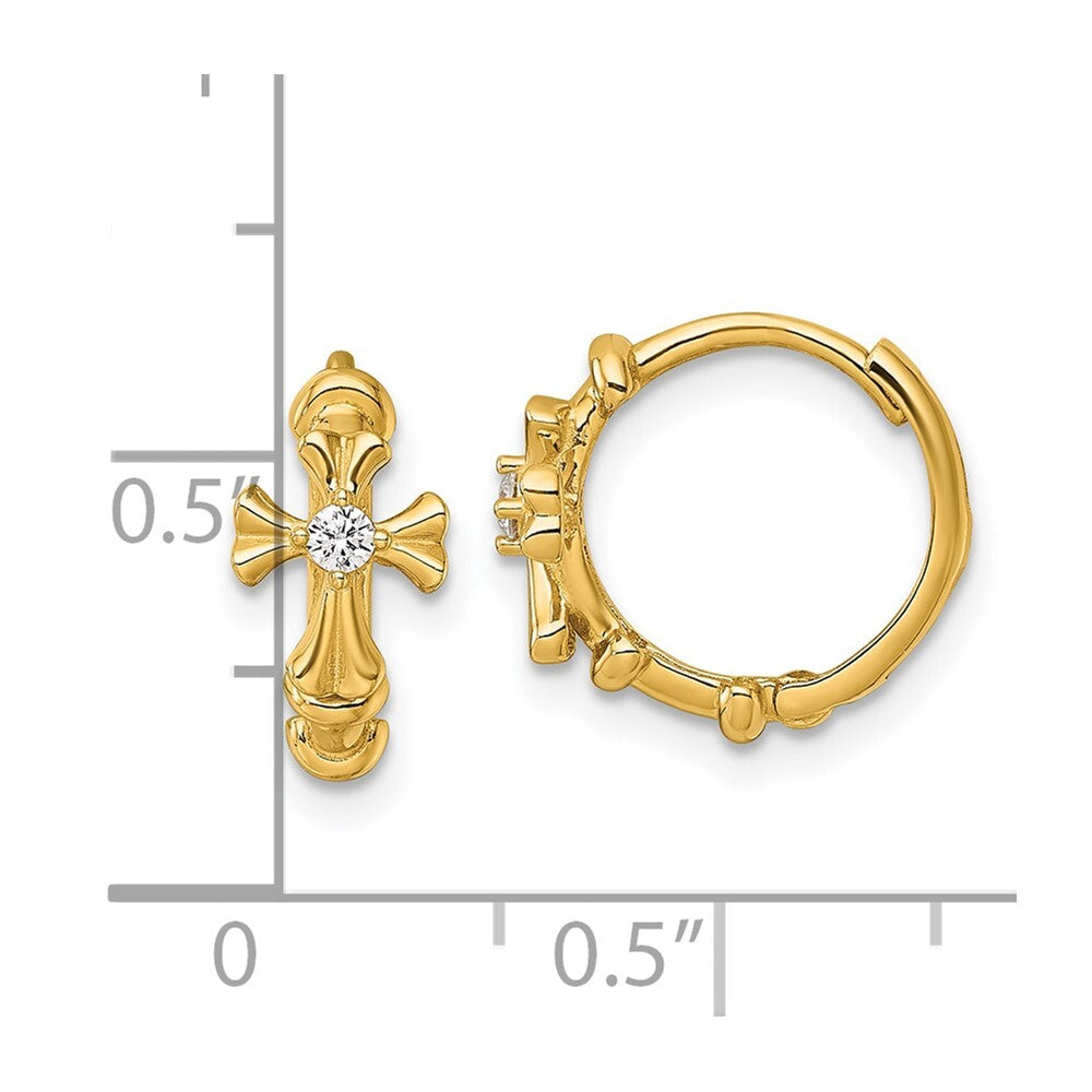 14k Yellow Gold Polished Cubic Zirconia Cross Hinged Round Hoop Earrings