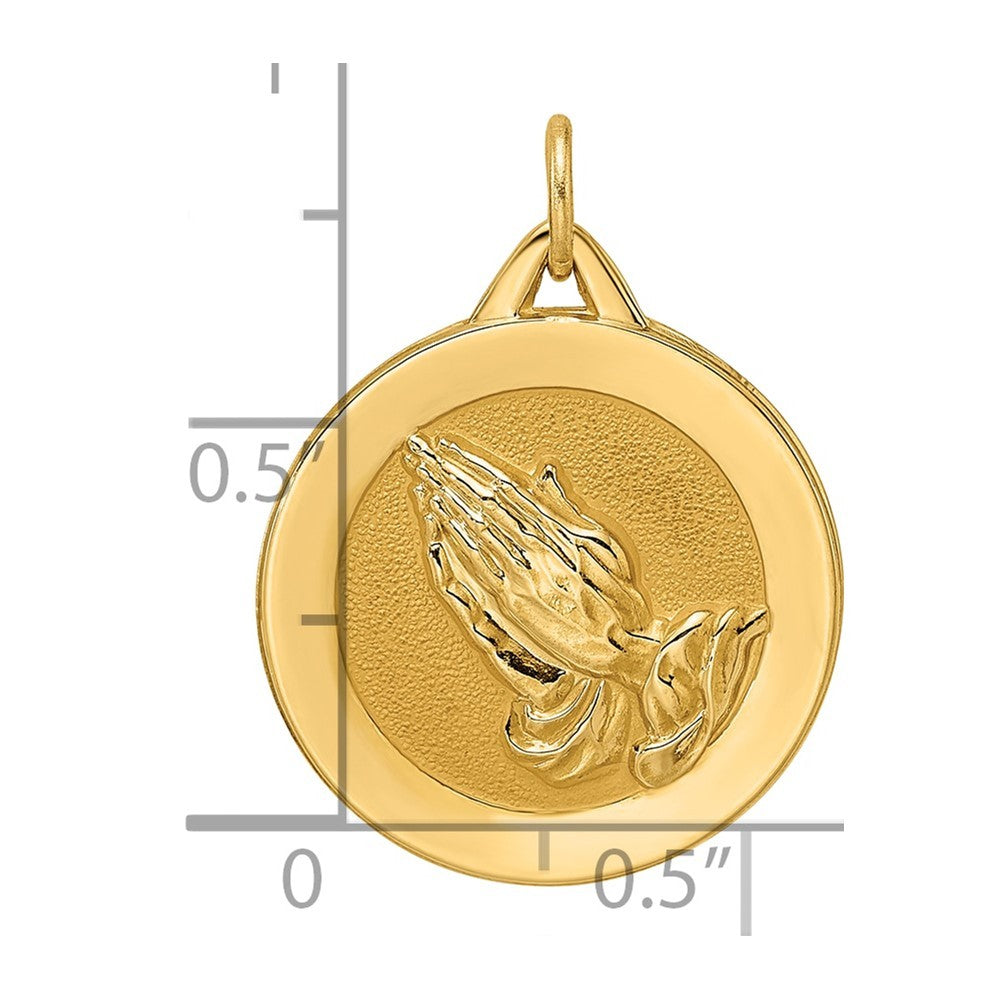 14k Yellow Gold Polished and Satin Solid Praying Hands Disc Pendant