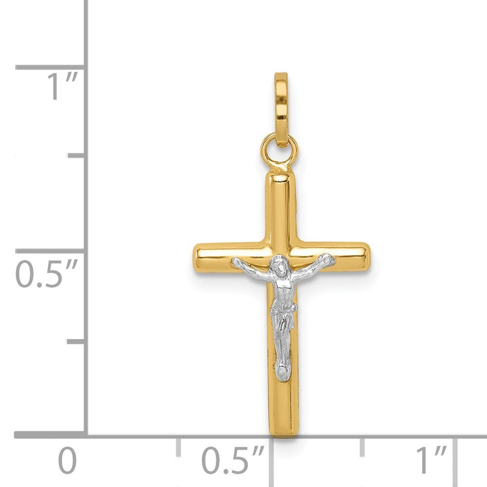 14k Yellow Gold with White Rhodium Polished Hollow Crucifix Charm Pendant