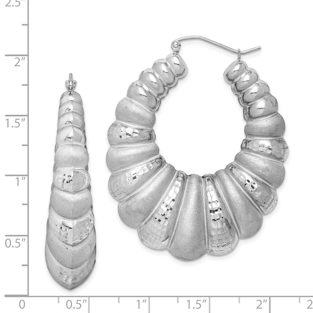 Sterling Silver Rhodium-plated Satin & Diamond-cut Shrimp Oval Hoop Earrings