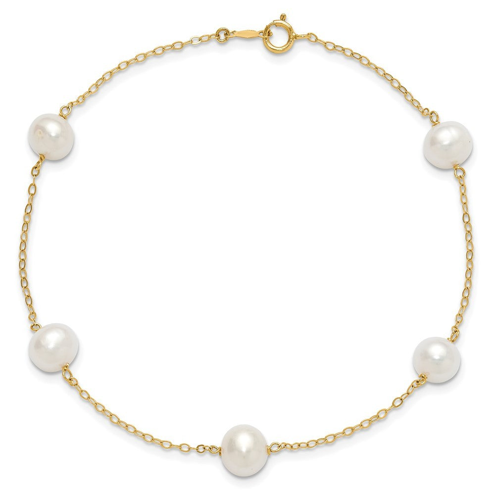 14k Yellow Gold 7-8mm White Round Freshwater Cultured Pearl 5-station 10" Anklet