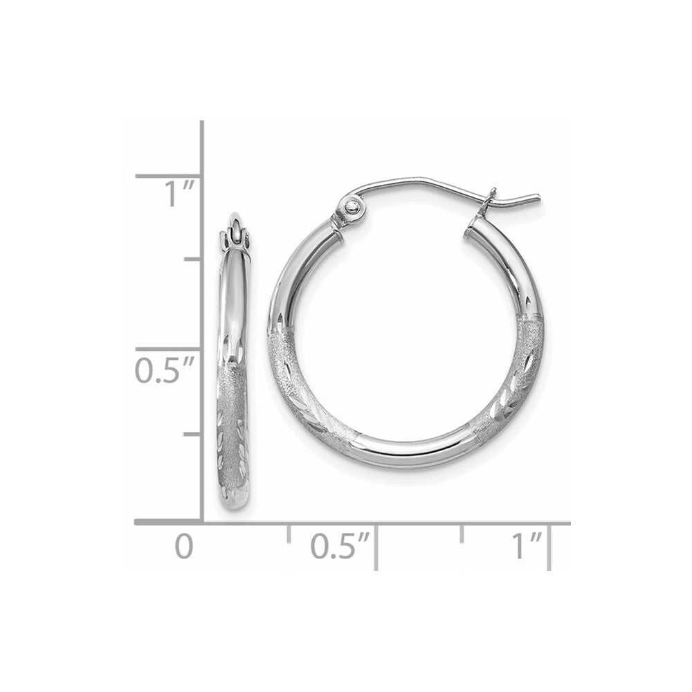 14k White Gold Satin and Diamond-cut 2mm Round Hoop Earrings Gift for Women