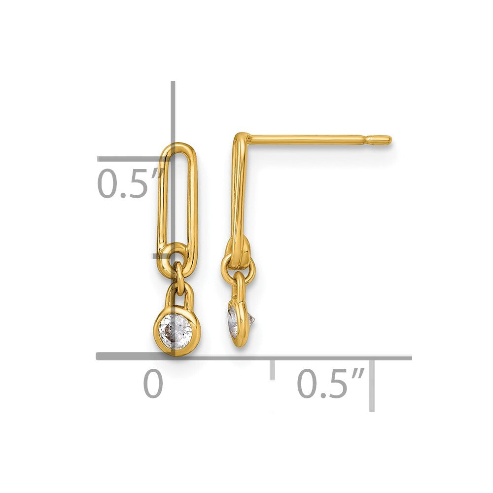 14k Yellow Gold Polished Cubic Zirconia Paperclip Link Dangle Earrings