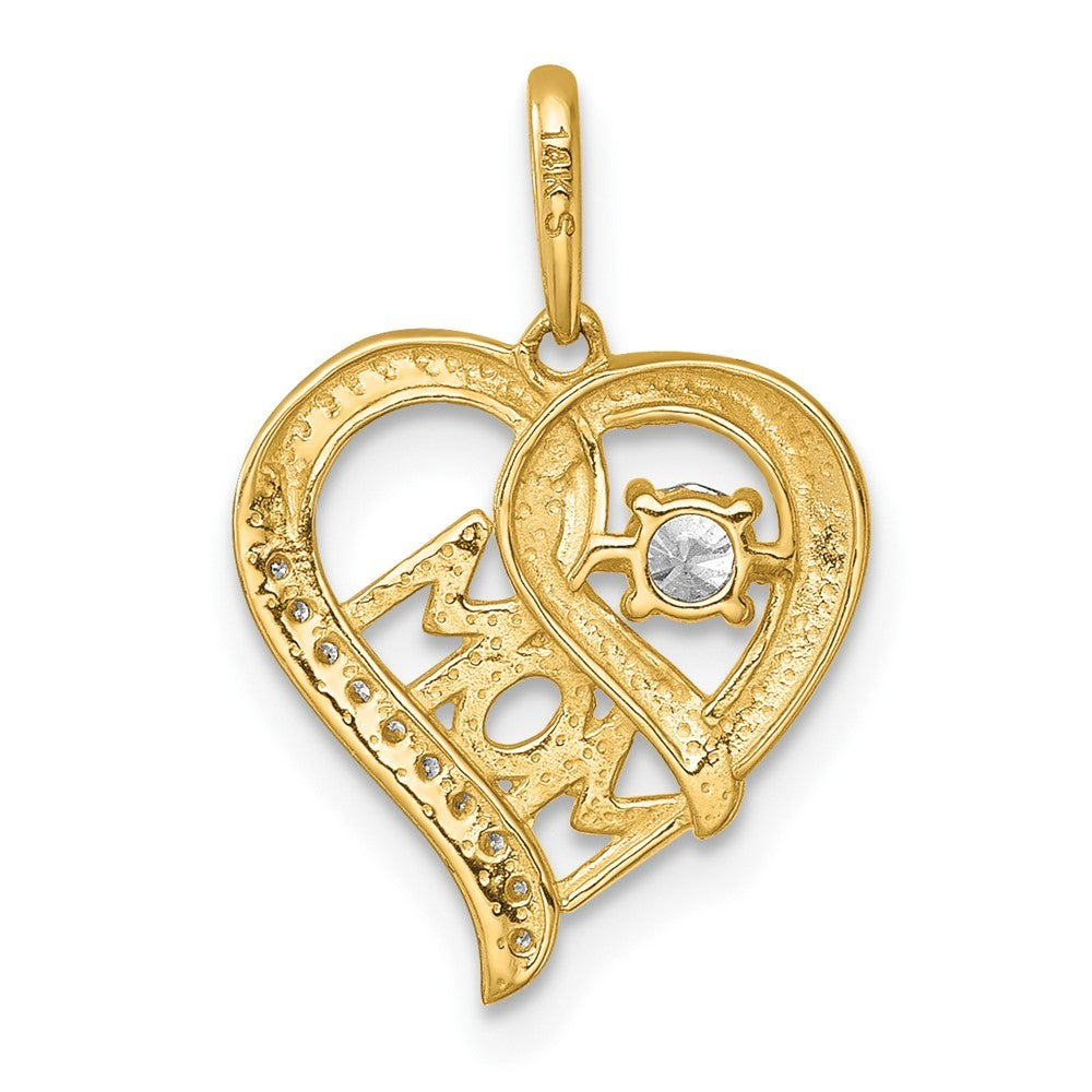 14k Yellow Gold Polished White CZ MOM Open Heart Charm Pendant