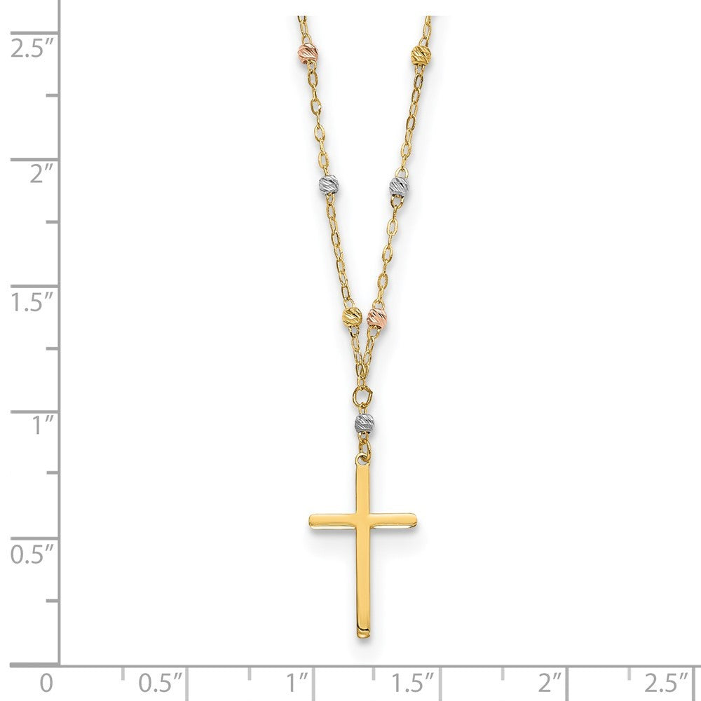 14k Tri-color Diamond-cut Beaded Chain Necklace with Cross Pendant 17" Necklace