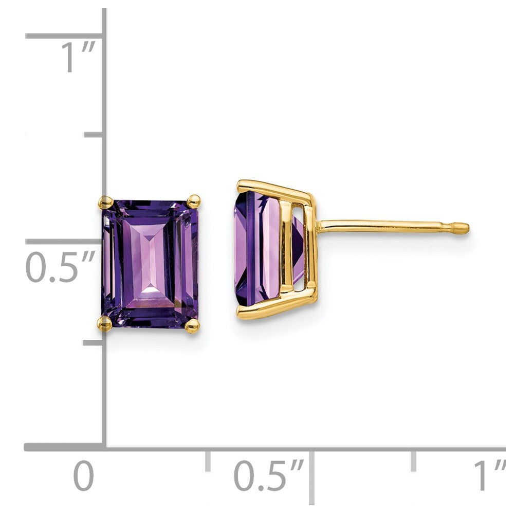 14k Yellow Gold 8x6mm Emerald Cut Amethyst Stud Earrings Gift for Women