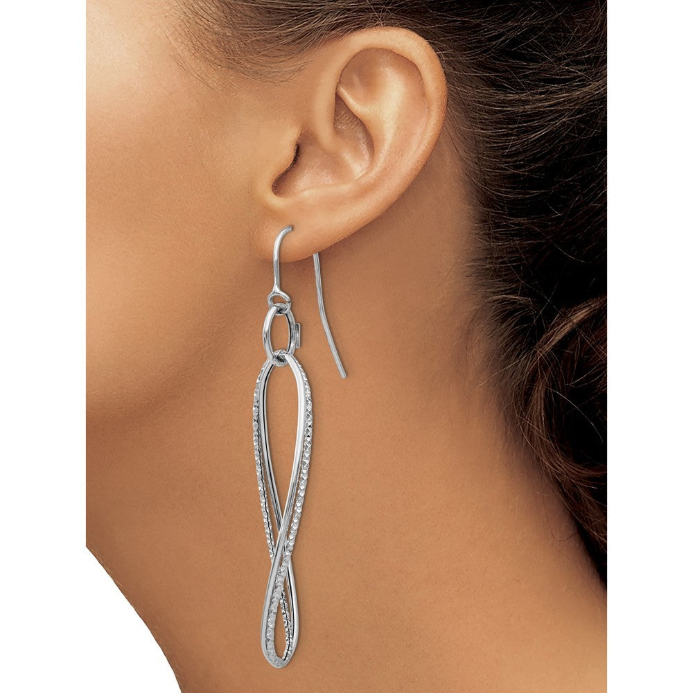 14K White Gold Textured Twisted Drop Dangle Earrings w/ Shepherd Hook