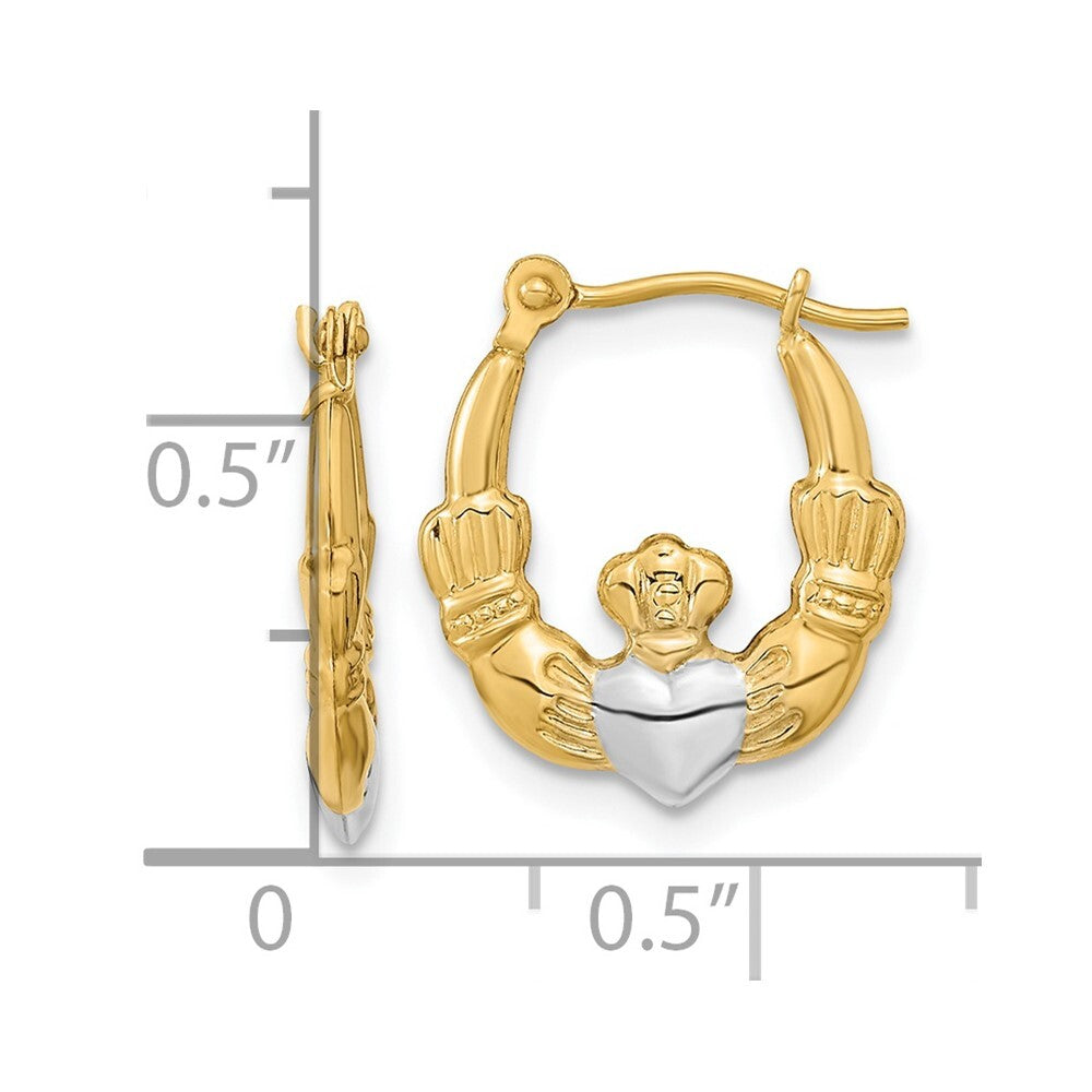 14k Yellow Gold w/White Rhodium Polished Claddagh Hoops