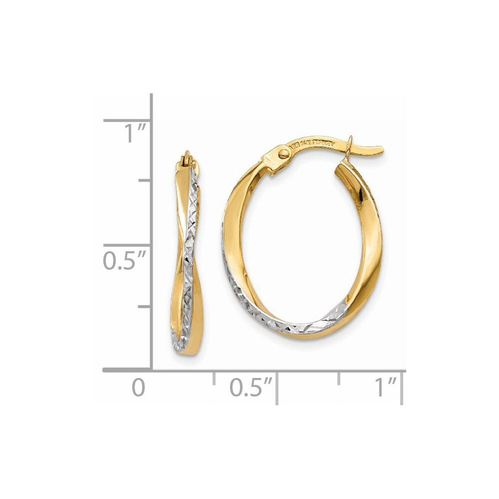 14k Yellow Gold White Rhodium Textured and Polished Oval Hoop Earrings