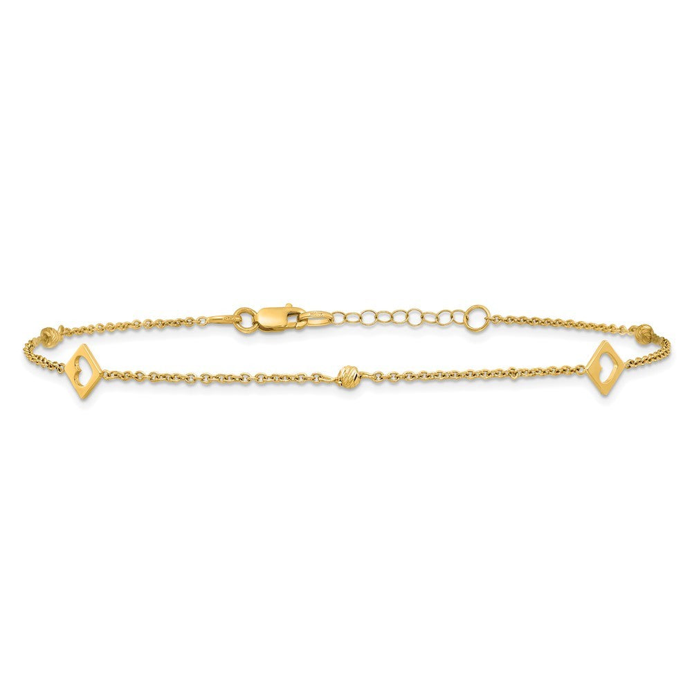 14k Yellow Gold Polished Cut-out Hearts and Diamond-cut Beads 10" Anklet