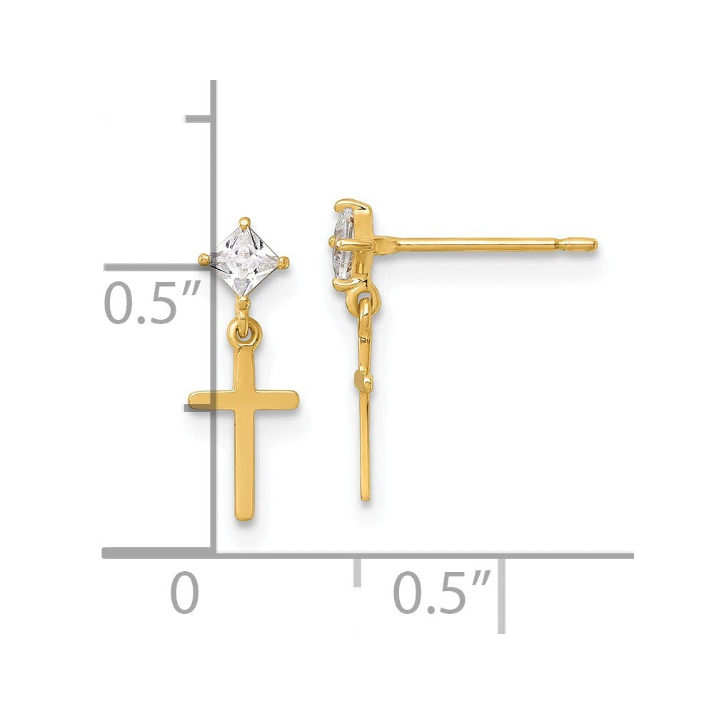 14k Yellow Gold Polished Cubic Zirconia Cross Dangle Earrings Gift for Women