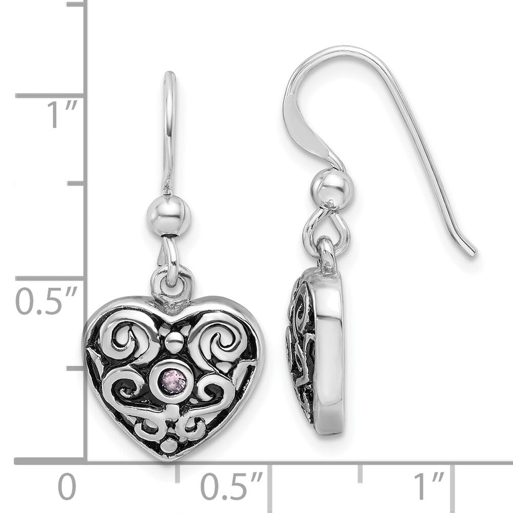SS Rhodium-plated Antiqued Pink Cubic Zirconia Filigree Heart Dangle Earrings
