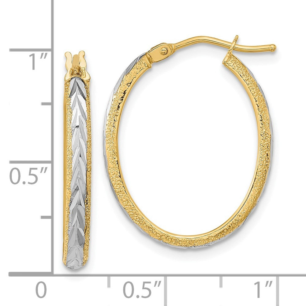14k Yellow Gold White Rhodium Diamond-cut Textured Hoop Earrings