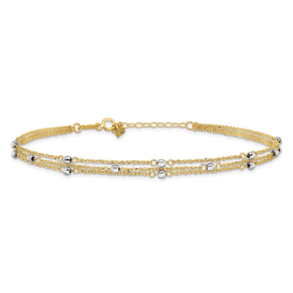 14k Two-tone 3-Strand Chain with Mirror Beads 10" Anklet