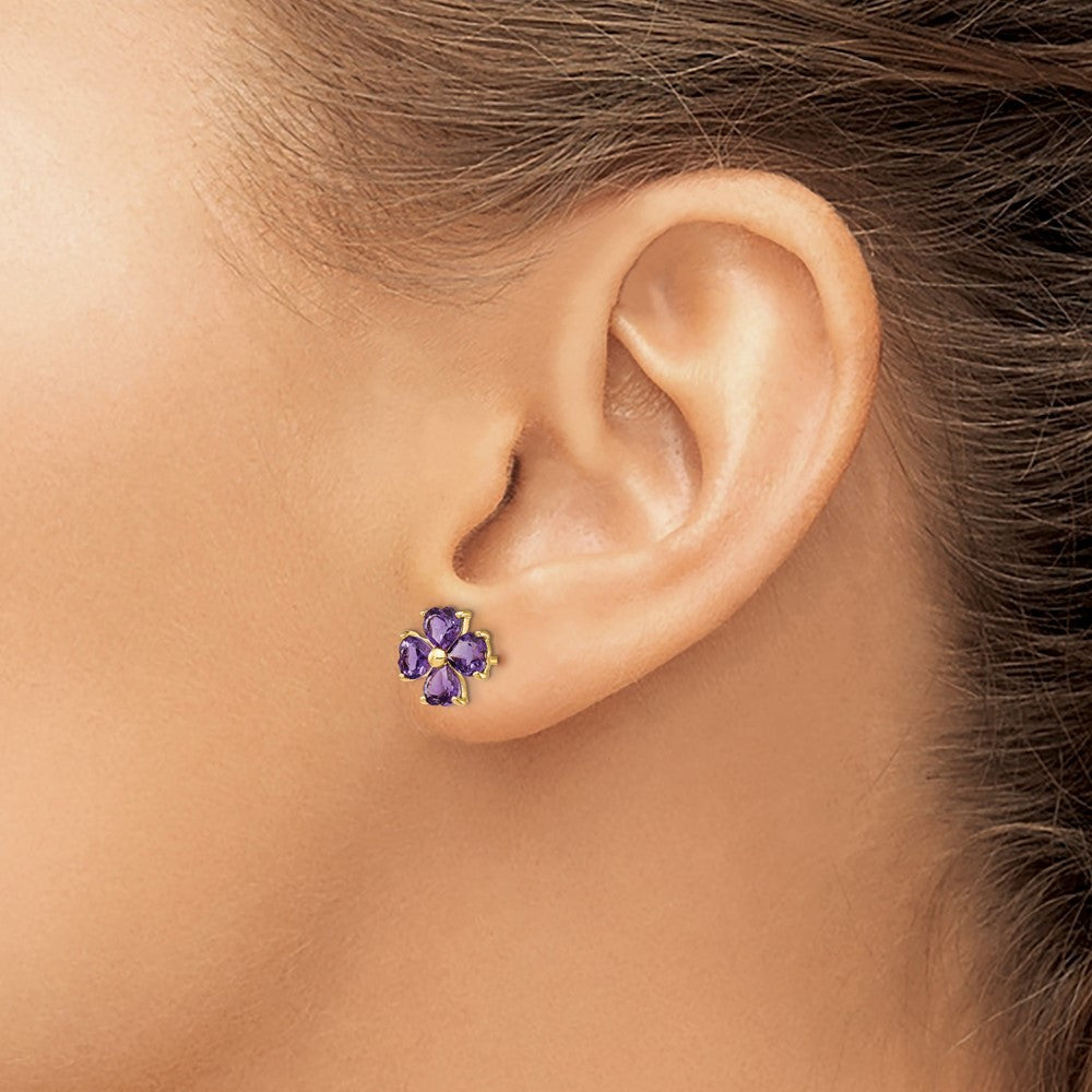 14k Yellow Gold Heart-shaped Amethyst Flower Post Earrings