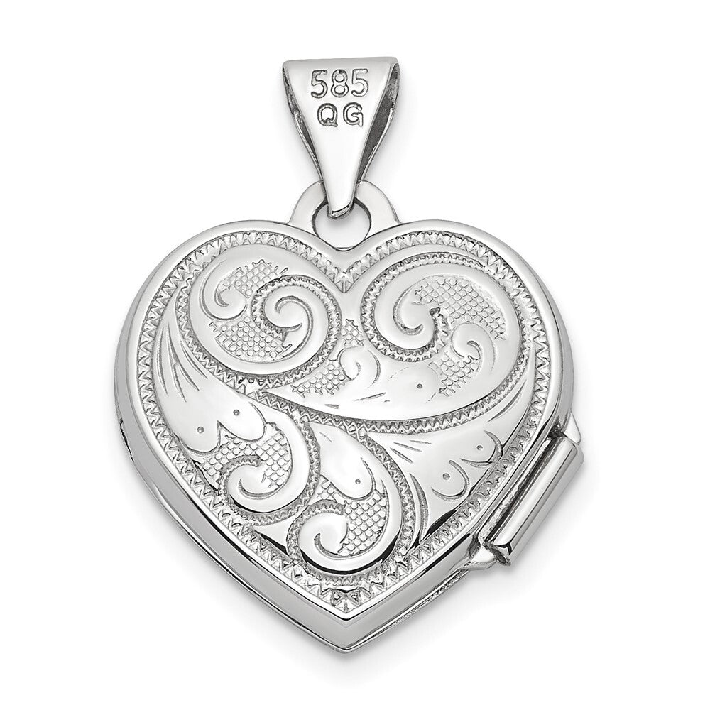 14k White Gold Reversible Swirl Design 15mm Heart Locket Pendant for Women