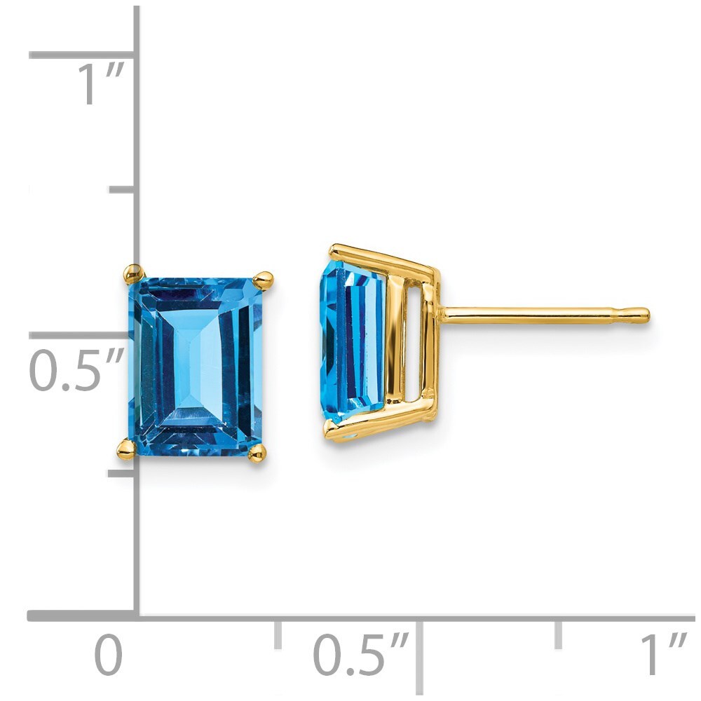 14k Yellow Gold 8x6mm Emerald Cut Blue Topaz Stud Earrings Gift for Women