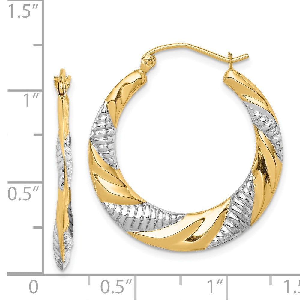 14k Yellow Gold & Rhodium Textured Stamped Hoop Earrings