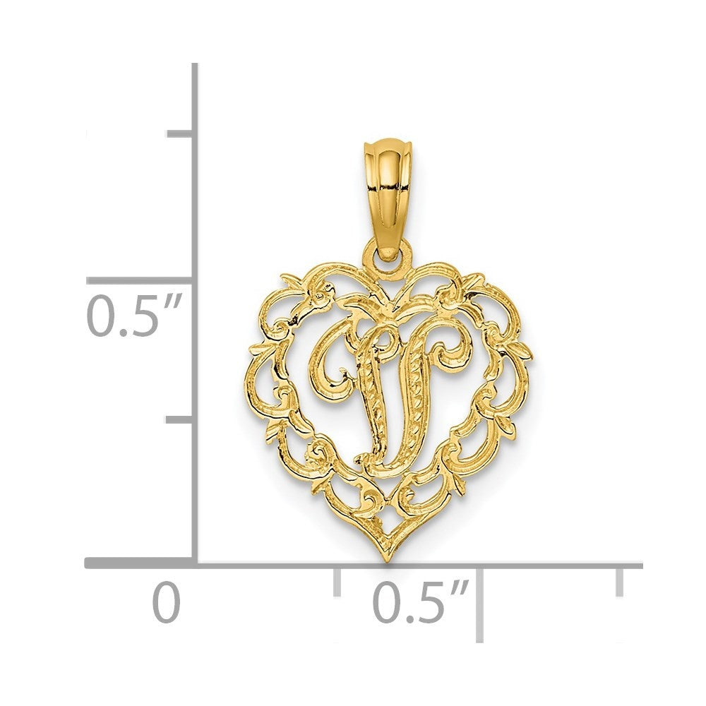 14k Yellow Gold Heart Script Letter V Initial Charm