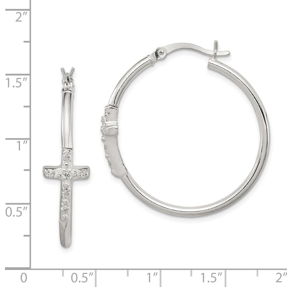 Sterling Silver Polished Cubic Zirconia Cross 2.5mm Round Hoop Earrings