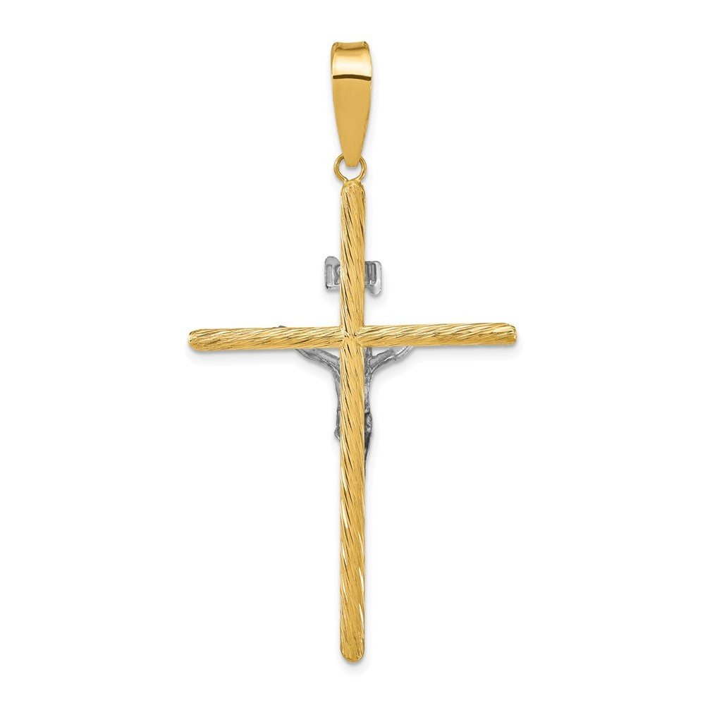 14k Yellow Gold w White Rhod Polished & Textured INRI Crucifix Cross Pendant