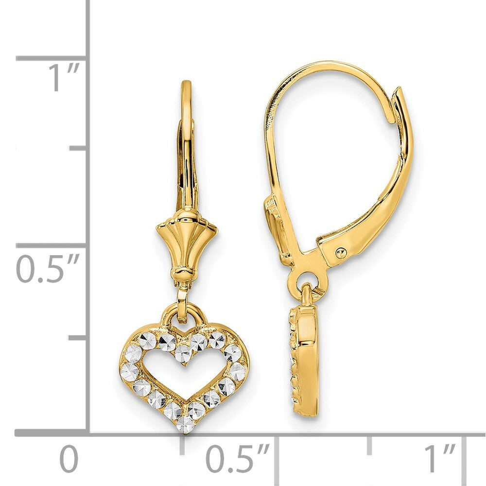 14k Yellow Gold & White Rhodium Diamond-Cut Heart Dangle Earrings Leverback