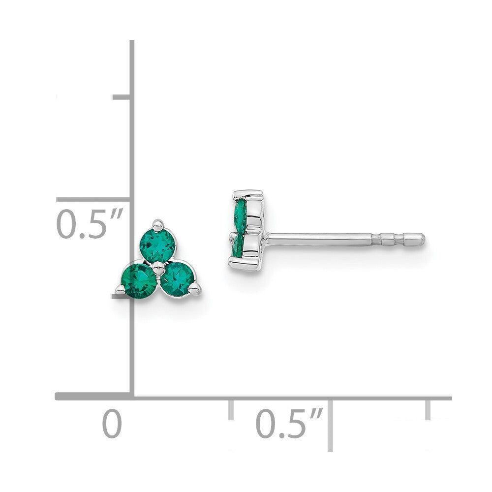 14k White Gold 3-stone Created Emerald Triangle Stud Earrings Gift for Women