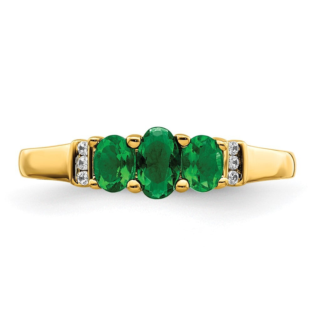14K Yellow Gold Polished Triple Emerald and Diamond 3-stone Ring Size 7