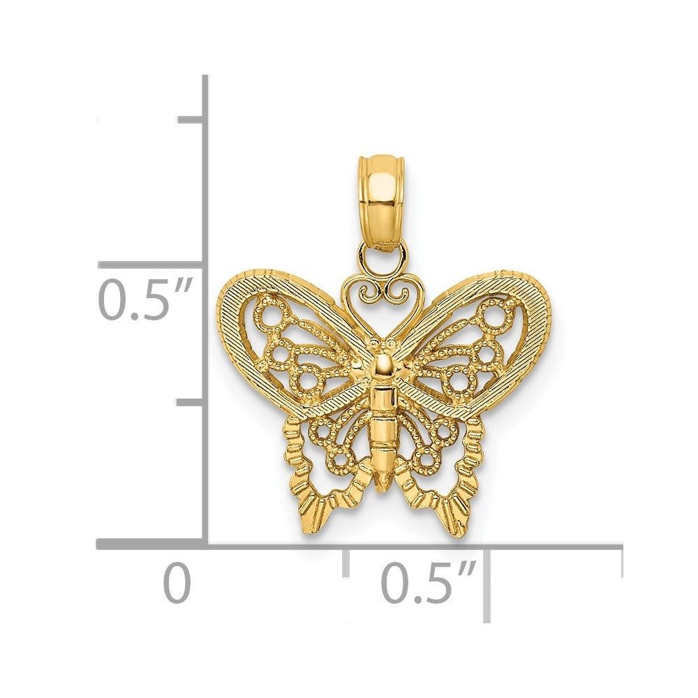 14k Yellow Gold Polished and Textured Filigree Butterfly Charm