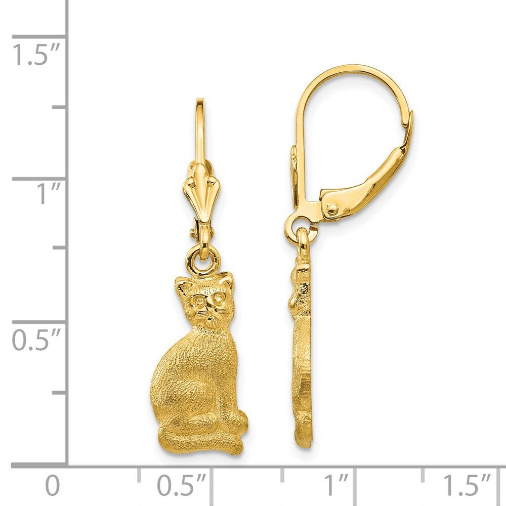 14k Yellow Gold Satin Cat Dangle Leverback Earrings