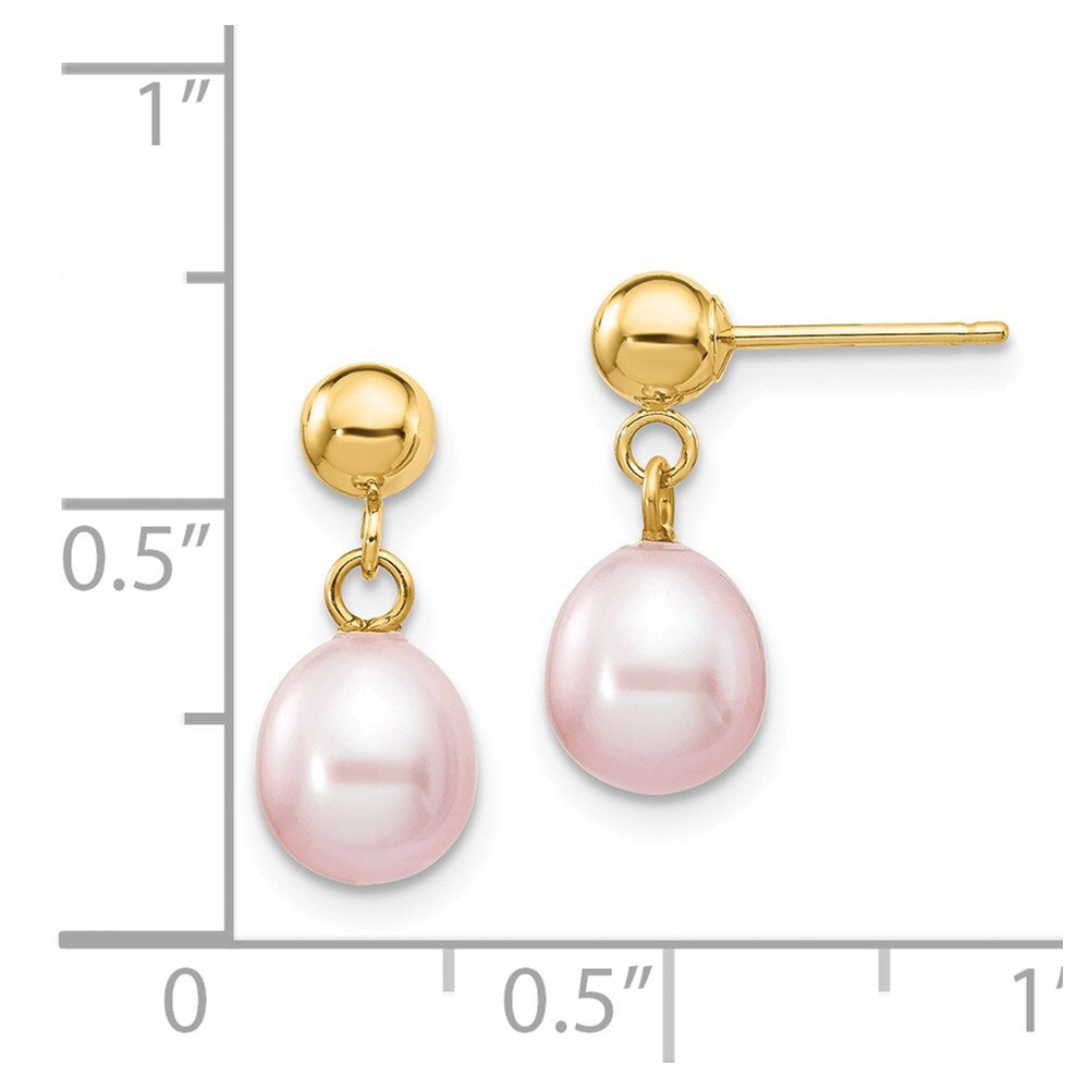 14k Yellow Gold 6-7mm Purple Rice Freshwater Cultured Pearl Dangle Earrings