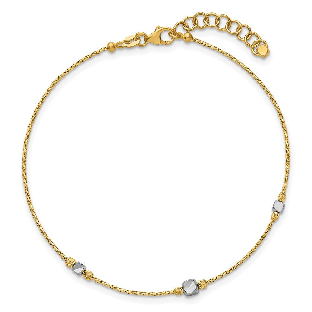 14K Two-Tone Diamond-cut Round and Square Beaded 7" Bracelet with 1" Ext
