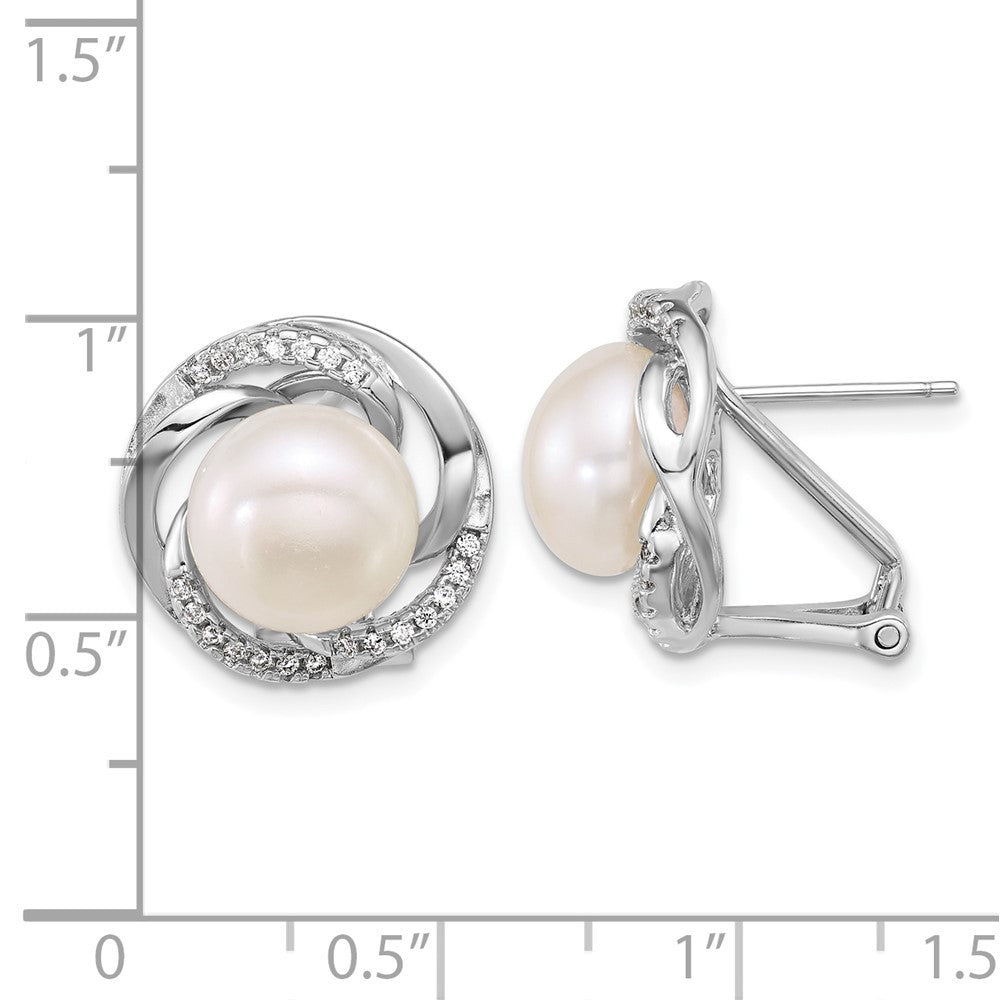Sterling Silver 9-10mm Freshwater Cultured Pearl and CZ Omega Back Earrings