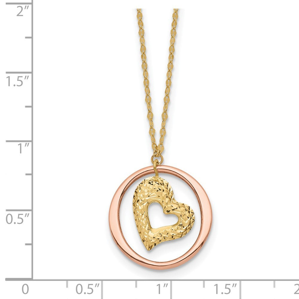 14K Two Tone Fancy Link Diamond-Cut Heart in Open Circle Necklace