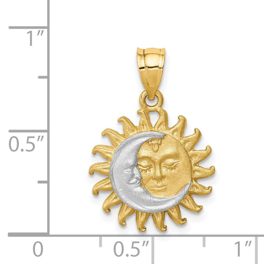 14k Yellow Gold White Rhodium Brushed Sun and Moon Pendant for Women