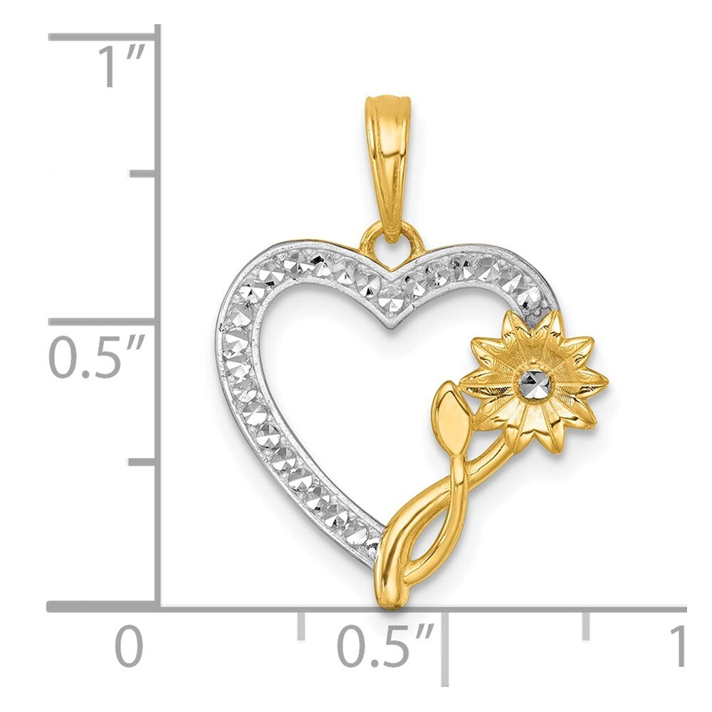 14k Yellow Gold with White Rhodium Polished Flower On Heart Charm Pendant