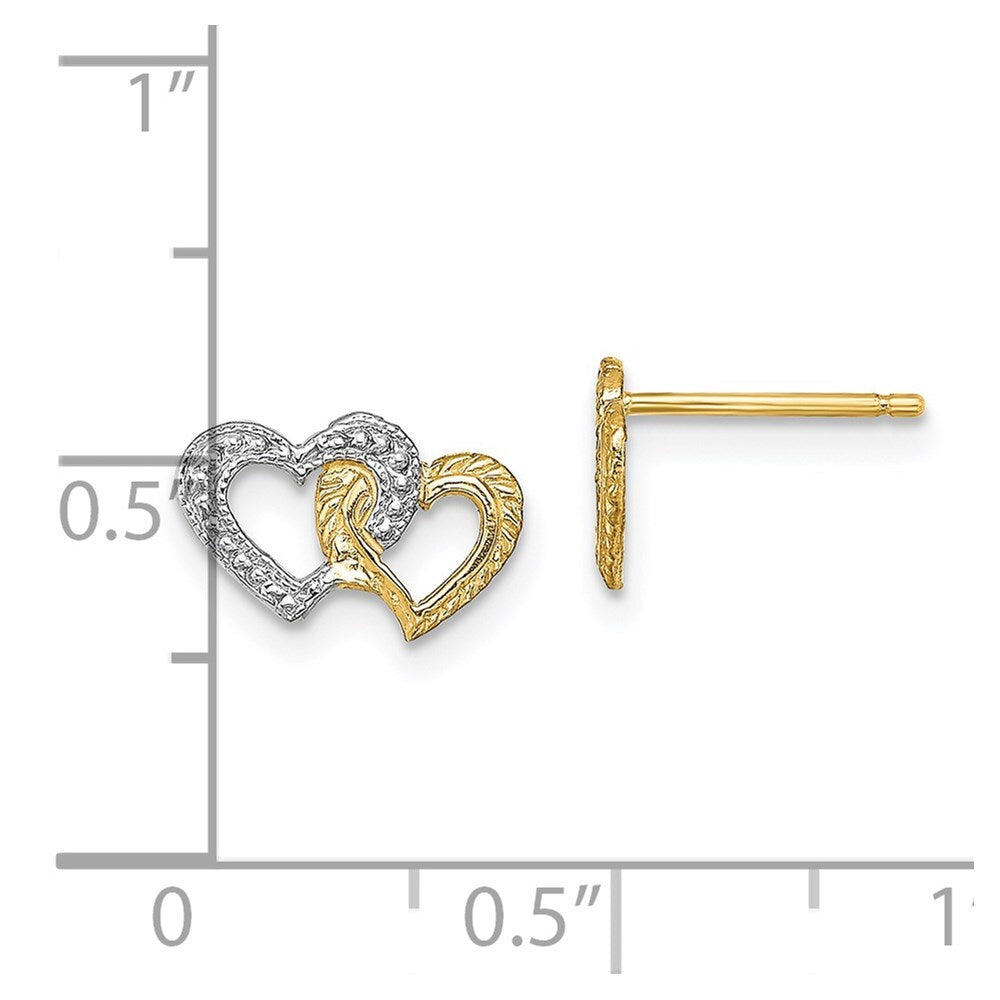 14k Yellow Gold White Rhodium Polished Intertwined Hearts Stud Earrings