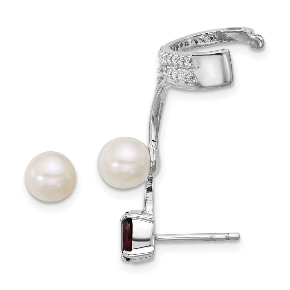 Sterling Silver CZ, Freshwater Cultured Pearl & Garnet Cuff Asymmetric Earrings