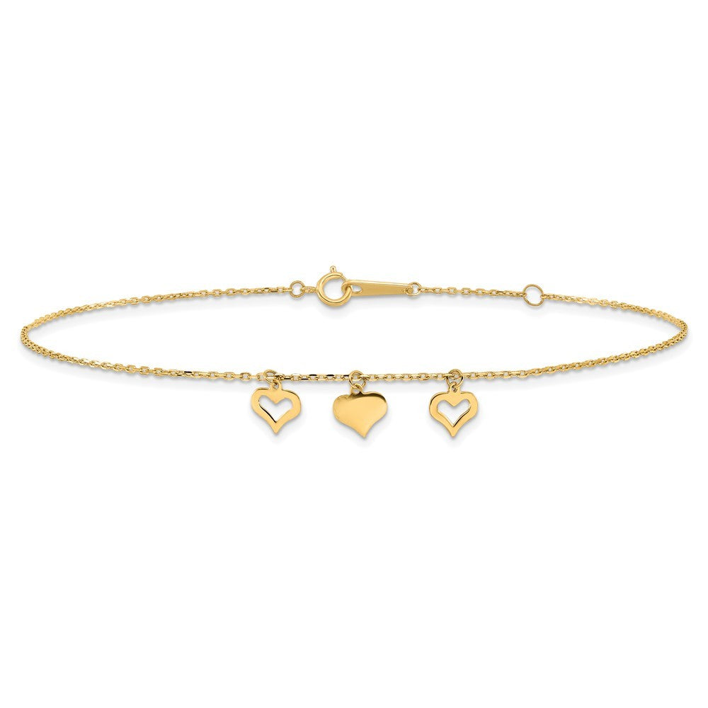 14k Yellow Gold Three Heart Dangles 11" Anklet