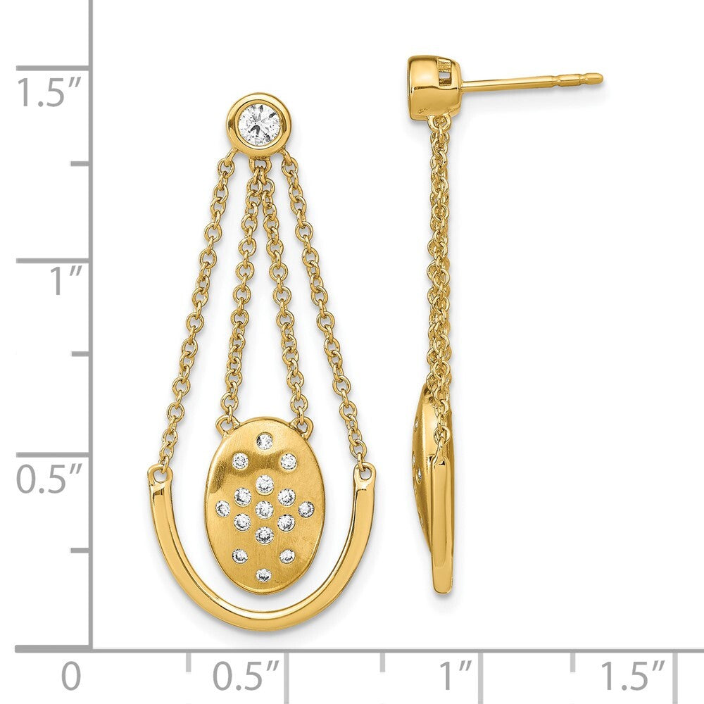 14k Yellow Gold Satin/Polished Diamond Oval w/Chain Dangle Earrings