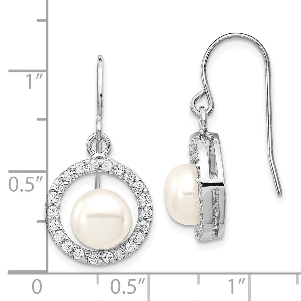 Sterling Silver 7-8mm Cultured Pearl and Cubic Zirconia Dangle Earrings