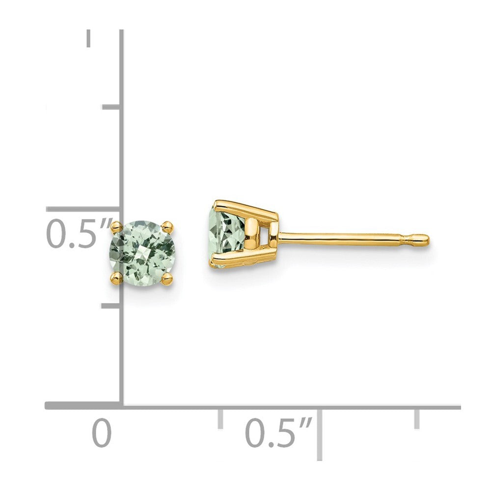 14k Yellow Gold 4mm Round Checker-Cut Green Quartz Stud Earrings Gift for Women