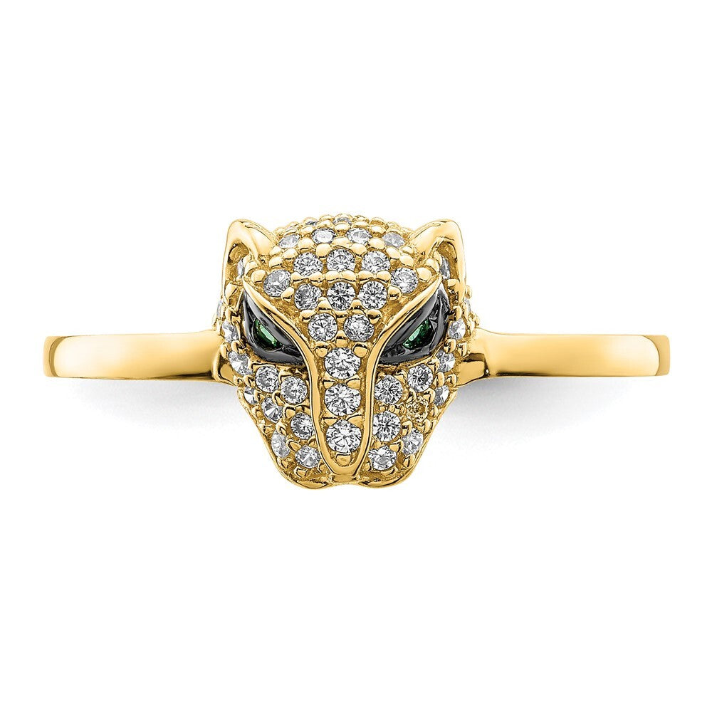 14K Yellow Gold Polished Green & White CZ Lioness Head Ring Size 7