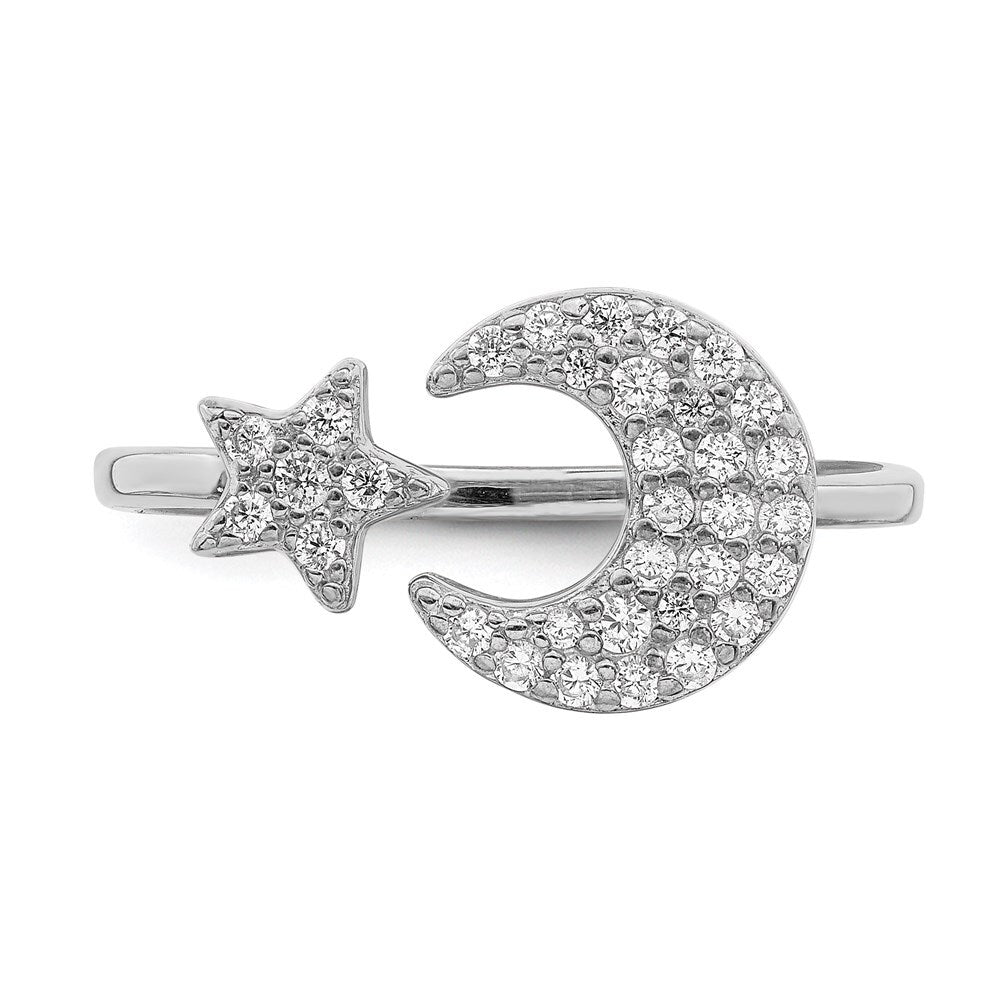 Sterling Silver Rhodium Plated Cubic Zirconia Star & Moon Ring Size 8