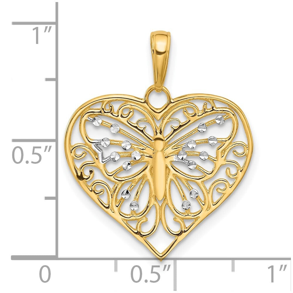 14k Yellow Gold and White Rhodium Diamond-cut Butterfly Heart Pendant