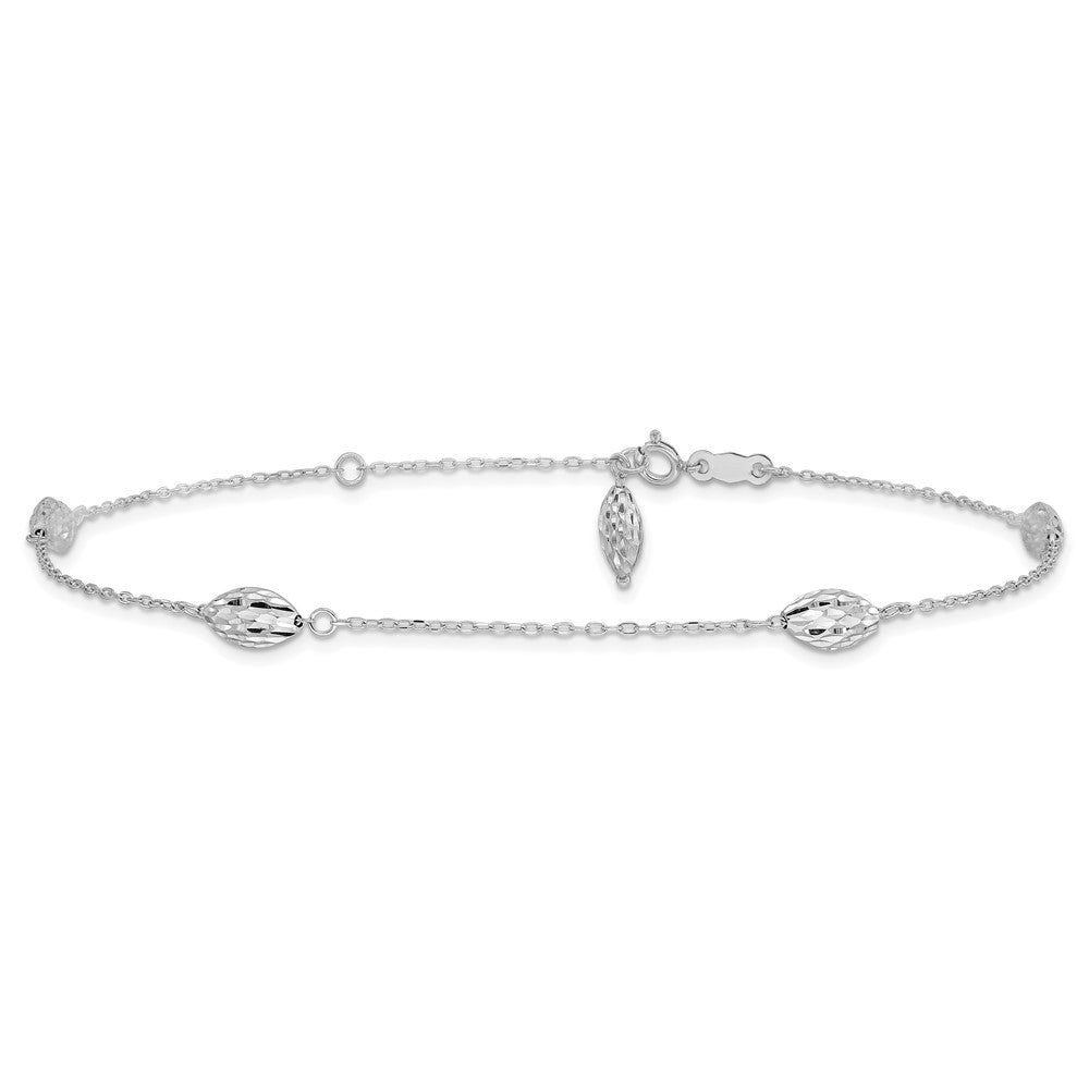 14k White Gold Diamond-cut Rice Puff Beads 4-Station 10" Anklet