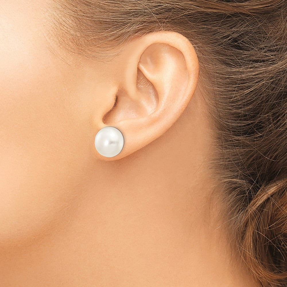14k White Gold 12-13mm White Button Freshwater Cultured Pearl Stud Earrings