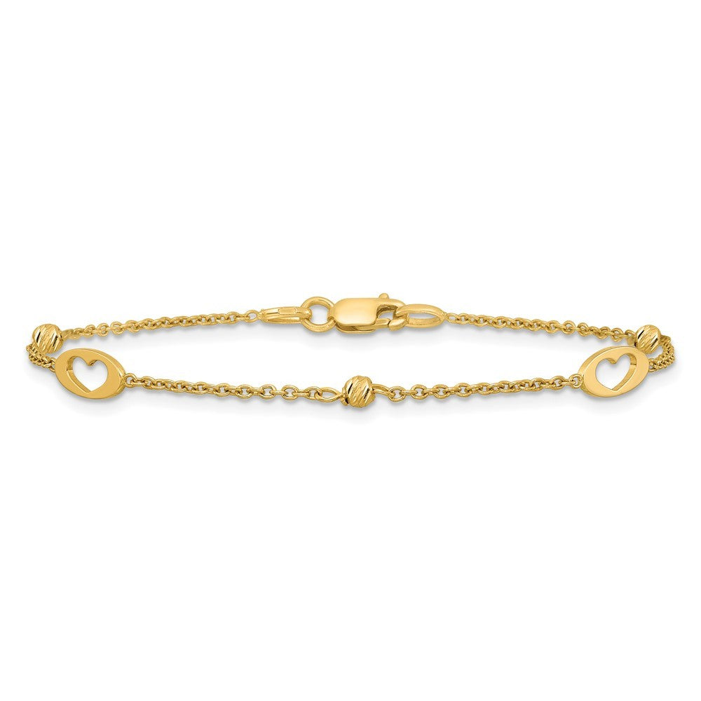 14k Yellow Gold Polished Cut-out Hearts and Diamond-cut Beads 7.5 inch Bracelet